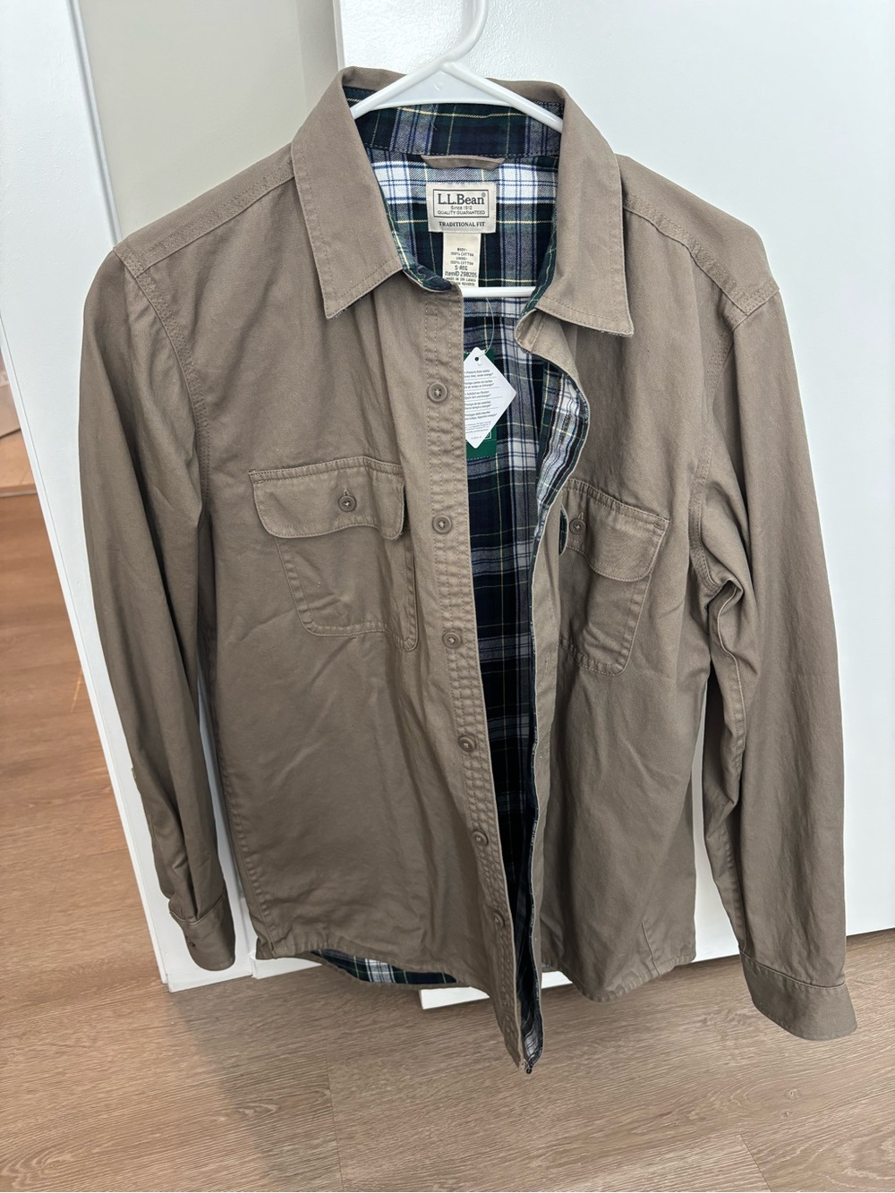 L.L. Bean Khaki Shirt with Green & Navy Plaid Lining